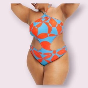 Fabletics one piece red and light blue cutout swimsuit monokini, 2X